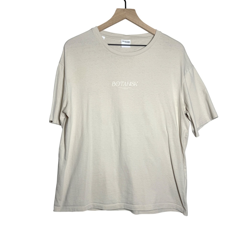 Selected Homme Mens T-Shirt L‎ Beige Neutral Floral Graphic Oversized Streetwear